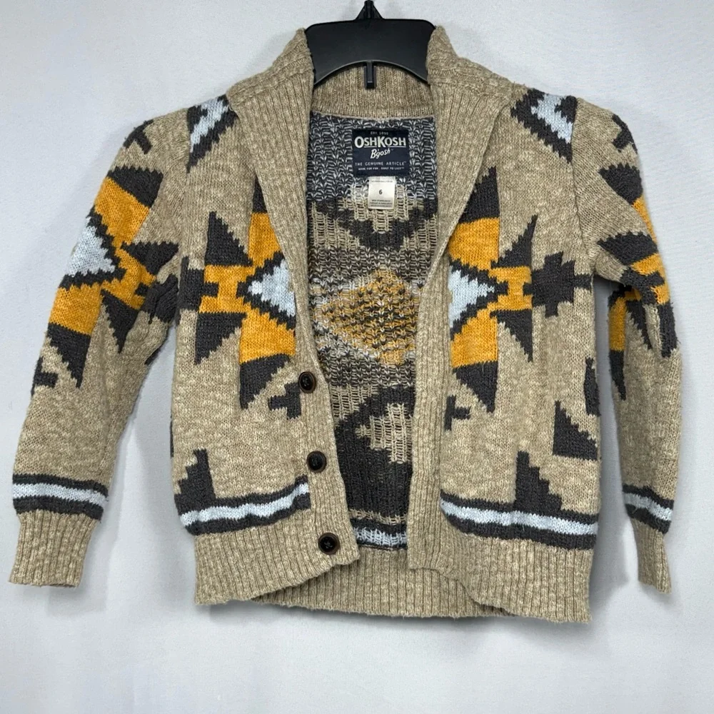 Boys Southwestern Aztec OshKosh B'gosh Tan Cotton Blend Shawl Collar Cardigan 6‎